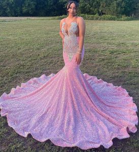 Luxury Pink Long Prom Birthday Dress 2024 Sexig Mermaid Style Sheer Mesh Luxury Silver Diamond Black Girls pensioned Pageant Evening Gown Robe de Soiree