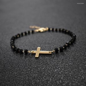 Strand 2023 Design Rosary Style Sideways Cross Armband Black Beades Gold Color Chain Armband för Women Girls