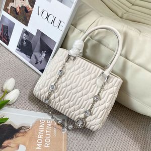 Wrinkle Handbag Tote Bag Women Shoulder Crossbody Bags Genuine Leather Crystal Chain Long Strap Bottom Nail Magnetic Buckle Plain Basket