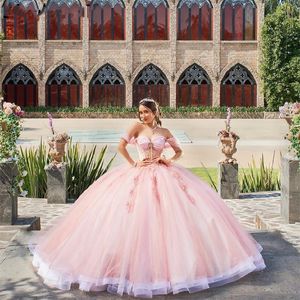 Boll quinceanera rosa klänning klänningar från axel pärlor spets applikationer strass söt klänning vestidos de anos