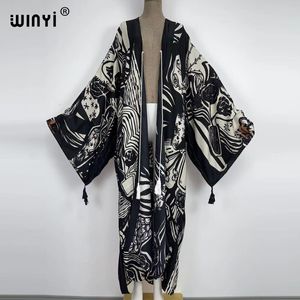Etniska kläder Winyi Bohemian Tryckt sommarstrandskläder Lång kimono kaftan tunika kvinnor toppar bälte wrap coat robe sexig femme 230327