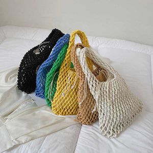 Strandpåsar Makaron Cotton Rope Woven Hollow Out Handbag Straw Sydkorea INS 230327