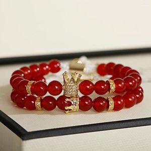 Strand 2st/Set Natural Stone Bead Man Armband Pave CZ Liten Crown and Ball Armband Classic Matte Black Red Jewelry