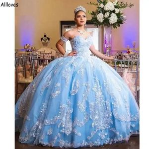 Ligh Sky Blue Ball Gown Quinceanera klänningar för flickor Sexig Sweetherat Lace Appliuqed Puff Princess Formella evenemangsfest klänningar plus storlek Matenity Sweet 16 Dress CL2088