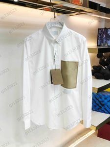 White Blouses Letters Print Stitching Leather Pocket Trim Lapel Long Sleeve Shirts Elastic Cotton Fabric Retro Style Casual Joker Blouses Tops Women