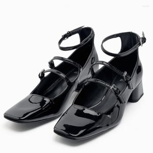 Dress Shoes 2023 TRAF Black Leather Heeled Sandals For Women Summer Squared Toe Block Heel High Heels Female Comfort Plus Size Pump