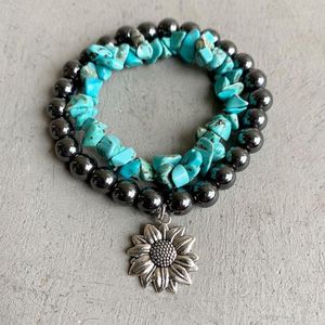 Strand Western Fashion Women Minimalist Faux Pear And Irregular Turquoise Layered Bracelet Set Alloy Cross Sunflower Charm Bracelets