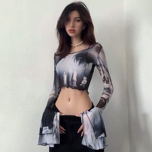 Womens TShirt Summer tshirts Printed Mesh Round Neck Pullover Horn Long Sleeve Casual European Beauty Dress tops y2k clothes Wholesale 230327