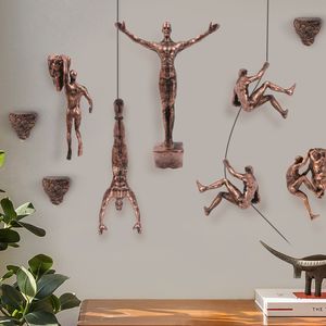 Tabletop Wine Racks 6pcs set Creative Industrial Style Rock Climbing Man Resin Wall Hanging Statue Sculpture Figures Crafts Home Decor 230327