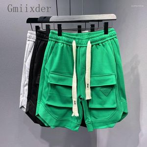 Men's Shorts Personality High Street Cargo Big Pocket Half Pants Green Leather Label Drawstring Casual Men's Youth Capris