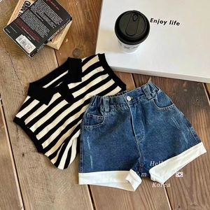 Clothing Sets Summer Black Stripe Little Girls Children Two 2 Piece Topshorts Denim Baby Clothes Kids Vacation Outfits 230327