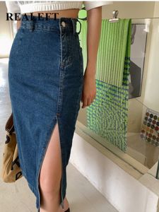 Skirts REALEFT Womens Midi Denim Spring Side Split High Wasit Jeans Straight Female Aline Pencil Summer 230327