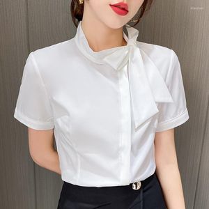 Kvinnors blusar Skjorta Kvinnor Fashion Women Clothing 2023 Summer Office Wear Tops och Blus White Slim Solid Bow Button Kort ärm