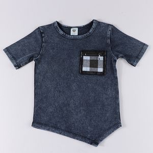TシャツトップキッズTシャツ夏の半袖衣服児童服デニムブルー不規則なTシャツブラックジッパーポケット230327