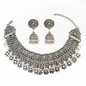 Wedding Jewelry Sets Afghan Vintage Tribal Silver Color Statement Collar Choker Bib Necklace Earring Jewelry Sets Indian Short Chain Coin Necklaces 230325