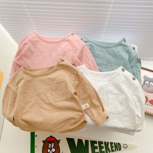 T-shirts Spring Autumn Toddler Kids Cotton T Shirts Boys 4 Colors Long Sleeve Tops Girls Brief Loose Casual Tees 230327