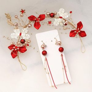 Hair Clips Red Flower Hairband Earring Set For Women Wedding Girls Hoop Dangler Fairy Banquet Tiara Headpiece Bride Jewelry