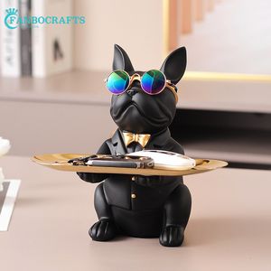 Dekorativa föremål Figurer French Bulldog Sculpture Dog Staty Dekorativ figur Lagring Magasin Mynt Piggy Bank Entrance Key Snack Holder With Glasses 230327