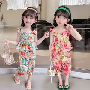 16087 Yaz Kızlar Giysileri Seti Bebek Çocuklar Çiçek Yelek Bloomers Pantolonlu 2 PCS Giyim Takımları Çocuk Kız Kıyafetleri