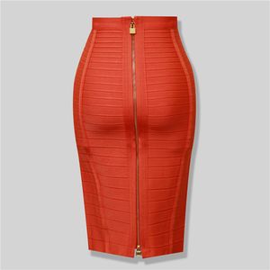 Skirts High Quality Black Red Blue Orange Zipper Bodycon Rayon Bandage Skirt Day Party Pencil Skirt 230327
