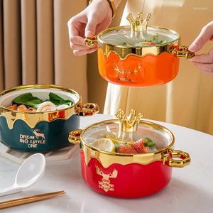 Bowls 700ML Nordic Ceramic Crown Bowl With Lid Breakfast Cereal Fruit Solid Color Dessert Soup Noodle Microwave Oven