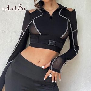 Damen TShirt ArtSu Schwarz Crop Top Schnalle Verband Patchwork Mesh Sexy T-Shirt Y2K Streetwear Cut Out Langarm Pullover Frauen T-Shirts T-Shirts 230327