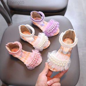 Sandals Summer Children's Fashion Sandals Girls Rhinestone Princess Shoes Kids Lace Pearl Flower Beach Sandals Size 21-36 G605 W0327