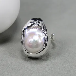 Freshwater Cultured White Keshi Pearl Ring 925 Silver Color Plated Baroque Pearl Fashion Women Jewelry Adjustable