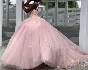 Quinceanera sukienki Księżniczka różowe aplikacje w stylu V-Neck Ball z tiulem plus size słodkie 16 debiutanta przyjęcie urodzinowe des 15 anos 74