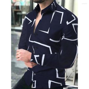 Camisas casuais masculinas 2023 Impressões geométricas Menas de moda de gola abaixada Camisa abotoada de outono de outono de luva longa de rua de streetwear