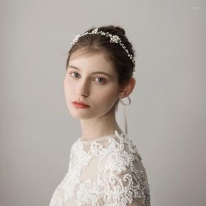 ヘッドピースO523手作りの金の葉のラインストーンと淡水真珠の花女性ヘッドバンドヘアバンドリボン