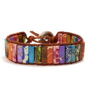 Voleaf Handmade Wholesale Fashion Natural Stone Leather Wrap Multi Color Chakra Tube Beaded Bracelet Jewelry VBR129