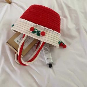 Beach Bags Lovely Cherry Small Women s New Handmade Cotton Thread Straw Woven Fresh Portable Basket 230327