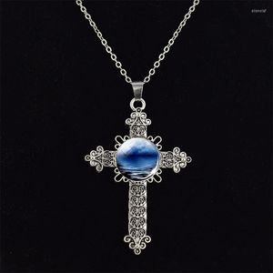 Chains Silver Color Cross Necklace Clear Glass Cabochon Jewelry Pendant Women Gifts Fashion Accessories Men