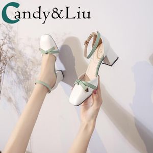 Sandals Women's Chunky Heel High Heels 2023 Summer Single Shoes All-match Korean A- Line Buckle Hollow Color Matching
