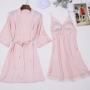 Women's Sleepwear Ladies Elegant Silk Satin Robe Set Half Sleeve Bathrobe & Sexy Nightdress Lace Fashion Twinset For Women