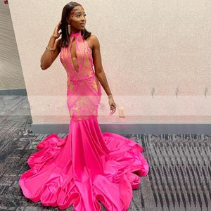 Fuchsia Halter Prom Queen Dresses Keyhole Sequined Long Cocktail Party Gown Illusion Sweep Train Vestidos De Gala