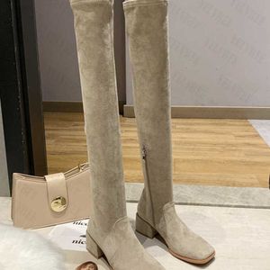 Stivali sopra il ginocchio in pelle scamosciata elasticizzata con punta quadrata e stivali lunghi invernali nuovi caldi tacchi medi scarpe da donna Fad sexy moto Botas pompe 1228 1228