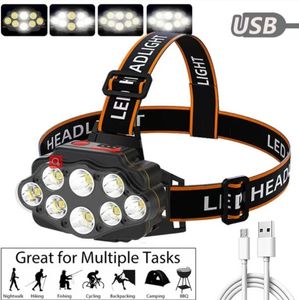 Lampada frontale ricaricabile a 8 LED Lampada frontale super luminosa portatile da esterno per esplorazione stradale di pattuglia a piedi Faro da campeggio per pesca notturna