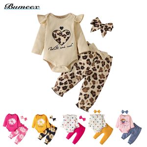 Pajamas bumeex 024m生まれベイビーワンシーセットハートシャイズの長い鉛のヒョウ柄パンツボウヘッドバンド3ピース230327