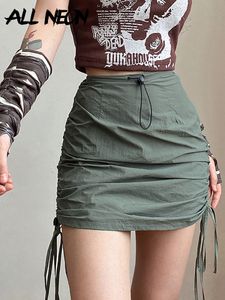 Gonne ALLNeon Grunge Punk Vita alta Army Green Mini Y2K Streetwear Fasciatura con coulisse Gonna a tubino increspato Slim Retro Bottoms 230327