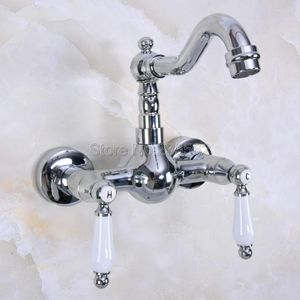 Kitchen Faucets Polished Chrome Brass Dual Ceramic Handles Wall Mounted Bathroom Basin Sink Faucet Mixer Tap Swivel Spout Lnf959