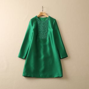 Spring Round Neck Solid Color Panelled Dress Green 3D Flowers Long Sleeve Rhinestone Short Casual Dresses S2N032329