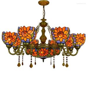 Lampy wiszące Foyer zawieszenie LED Tiffany Pastoral Glass Light for Apartment Jadalnia American Country Flowers 5 Heads Lampa 1214