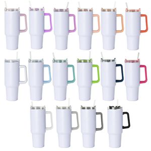 Sublimation Rohlinge 40 Unzen Becher mit Farbgriff und Strohdeckeln Vakuum isoliert doppelte Wall Edelstahl Reisen Kaffeetasse große Kapazität Wasserflasche