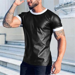 Men's T-Shirts Men's T-shirt Short-sleeved Stretch Faux Leather Patchwork Undershirt Muscles Male Tee Top Short-sleeved Dance Club Slim T-shirt 230327