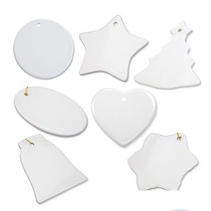Sublimation Blanks Blank Ornament White Ceramic 3 Inch Round Heart Star Tree Porcelain Pendant With Gold String For Dhswt