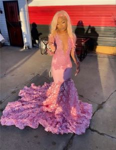 Elegant Pink Black Girl Prom Dress With Rose Bottom Long Sleeve Mermaid Formal Dresses 2023 Appliques Fishtail Long Party Gown vestido de fiesta de boda