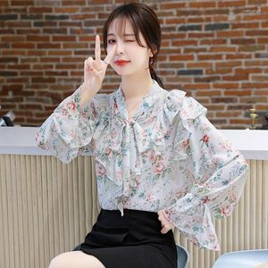 Women's Blouses Floral Chiffon Women's Blouse Printing Bow Loose Shirt Summer Large Size Fashion Long Sleeve Casual Top 2023 Korean