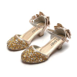 Сандалии, обувь для маленьких девочек, модные летние сандалии принцессы с блестками на низком каблуке для девочек, детская праздничная обувь с милым бантом, размер 26-35, SMG077